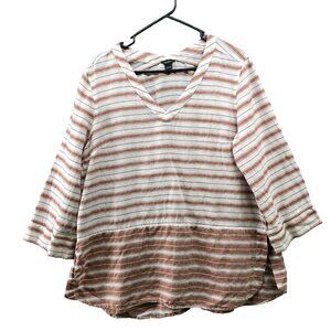 Eddie Bauer Linen Cotton Top Womens L V-neck 3/4 Sleeve Pink White Striped